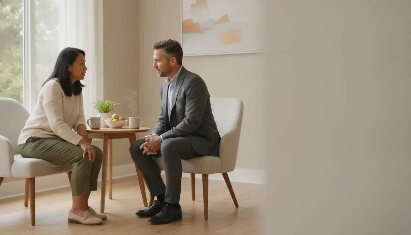 Adult patient discussing thigh lift goals after weight loss with a plastic surgeon